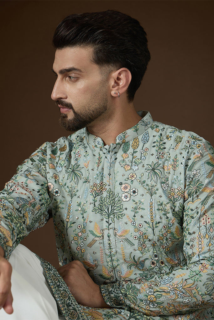 Sea Green Georgette Solid Embroidered Kurta With Trouser MKSET2729