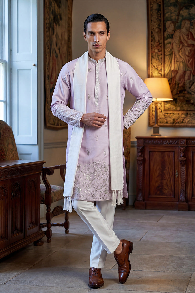 Lavender Silk Blend Floral Embroidered Straight Kurta Sets MKUD1781