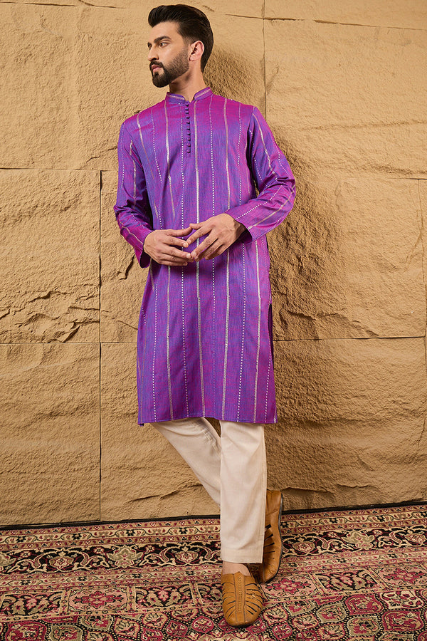 Purple Pure Cotton Solid Embroidered Straight Kurta with Trouser MKSET1194