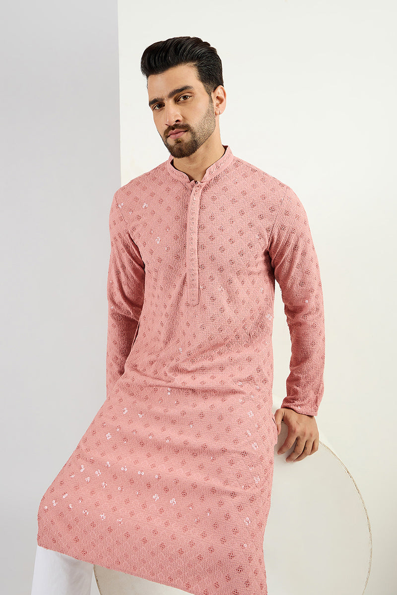 Pink Viscose Rayon Embroidered Straight Kurta With Pant Set MKSET1060