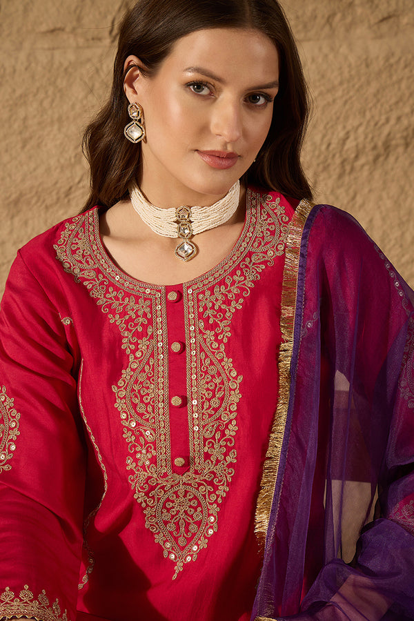 Red Silk Blend Solid Embroidered A-Line Kurta Trouser with Dupatta PKSKD2842