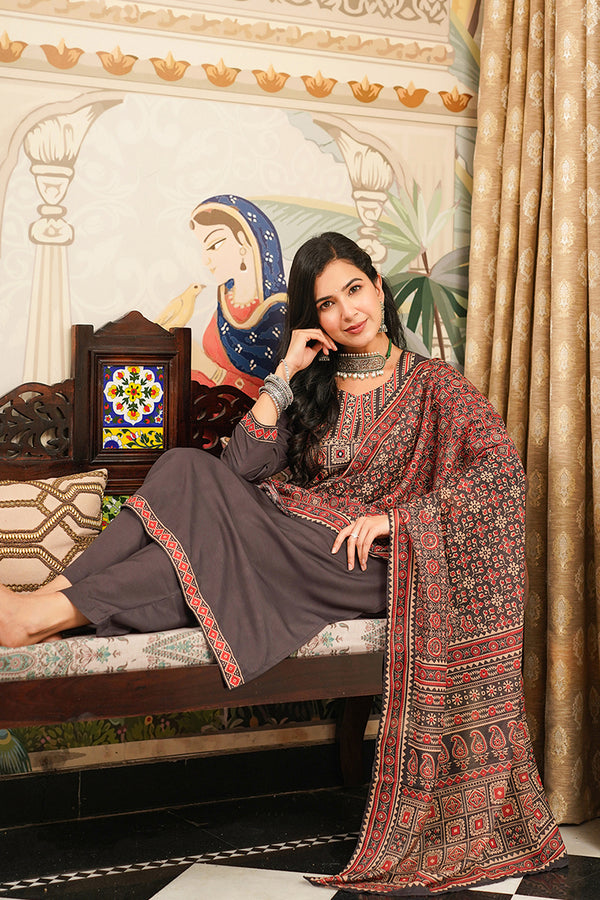 Grey Cotton Blend Ajrakh Printed Straight Kurta Trousers With Dupatta PKSKD3065