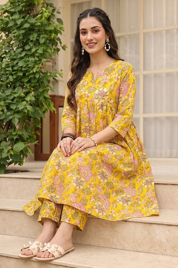 Cotton Blend Yellow Floral Digital Printed Regular Kurta VCK9823
