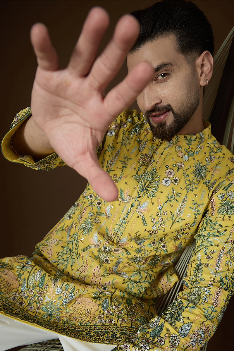 Yellow Georgette Solid Embroidered Kurta With Trouser MKSET2727