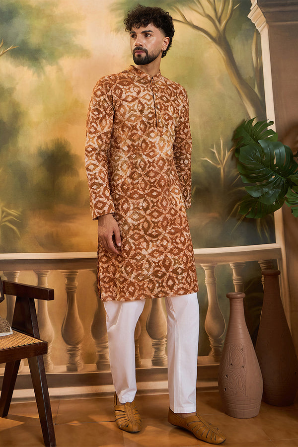 Brown Pure Cotton Batik Embroidered Straight Kurta with Trouser MKSET1461