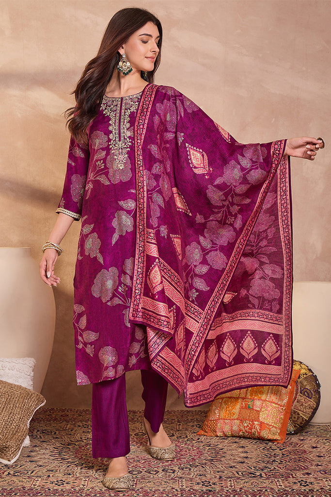 Purple Silk Blend Floral Printed Straight Kurta Trouser With Dupatta PKSKD3216