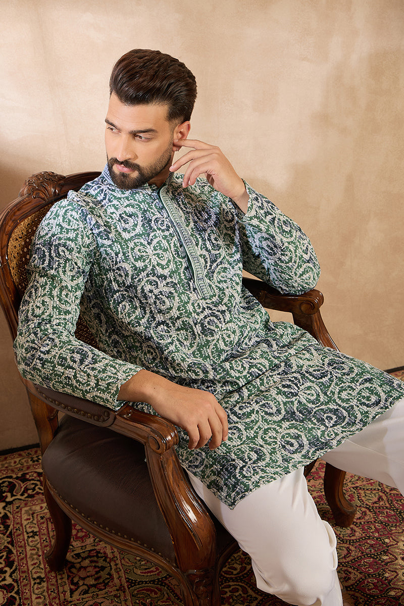 Green Viscose Rayon Batik Embroidered Straight Kurta With Trouser MKSET1718