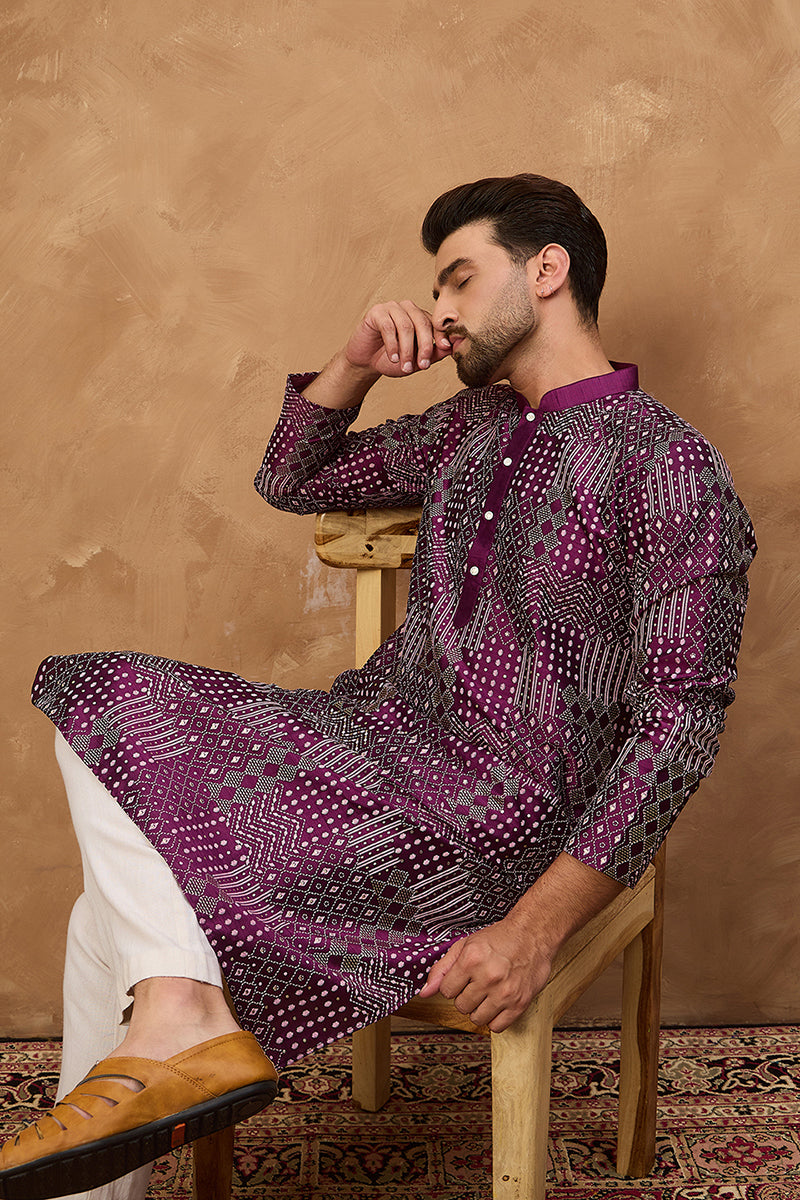 Purple Silk Blend Geometric Printed Straight Kurta With Pant Set MKSET1529