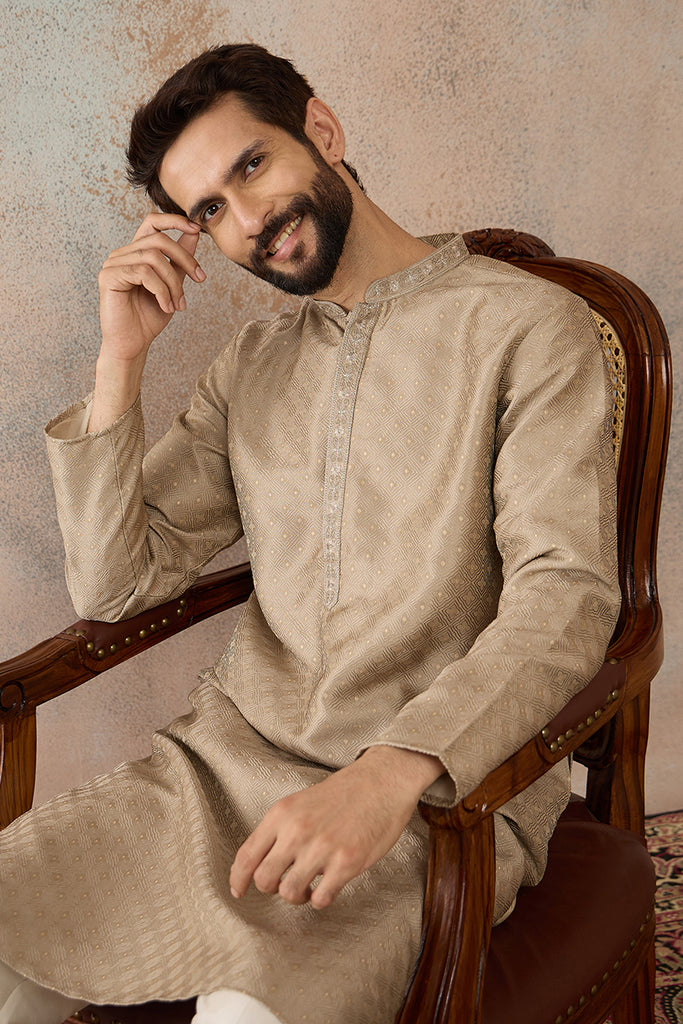 Beige Silk Blend Embroidered Solid Straight Kurta MKU2326