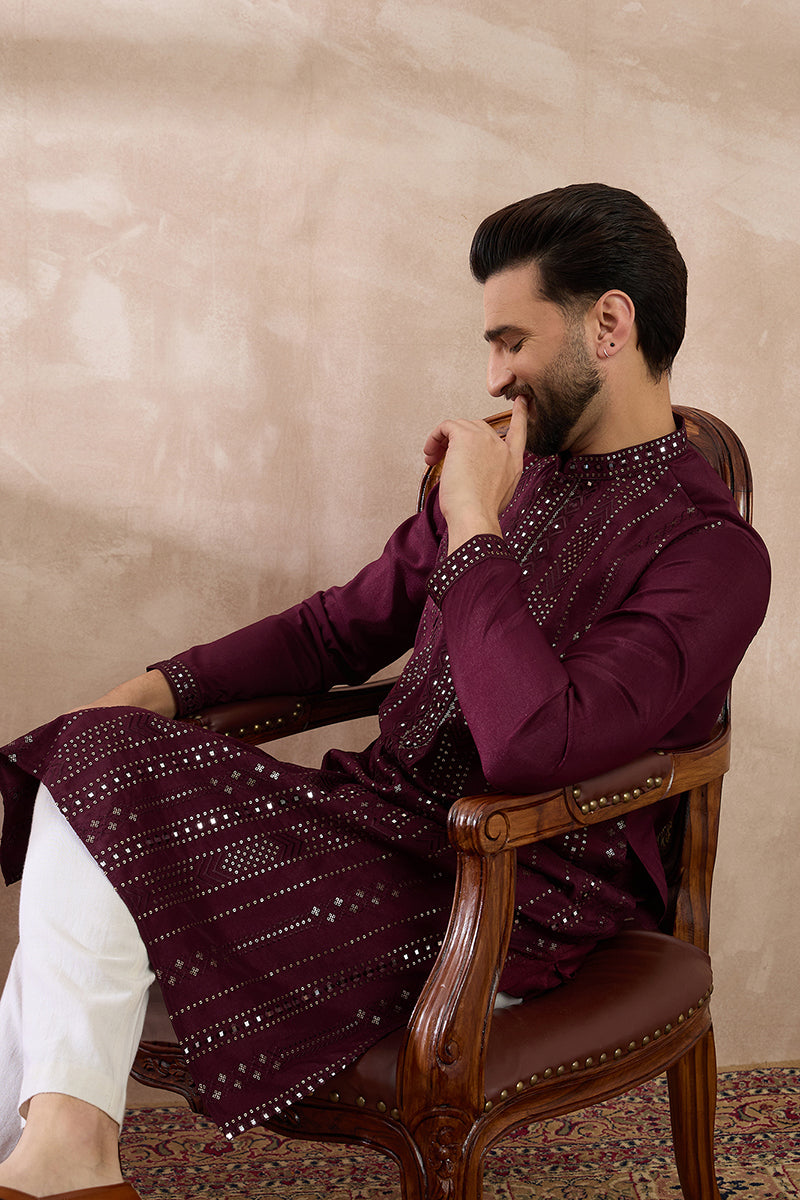 Purple Silk Blend Embroidered Mandarin Collar Straight Kurta With Trouser MKSET1889