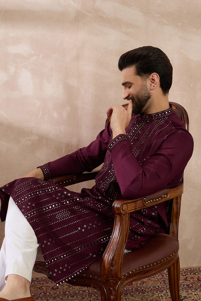 Purple Silk Blend Embroidered Mandarin Collar Straight Kurta With Trouser MKSET1889