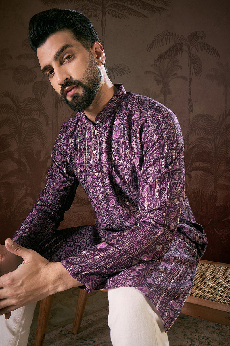 Purple Silk Blend Ethnic Motifs Printed Straight Kurta With Trouser MKSET1950