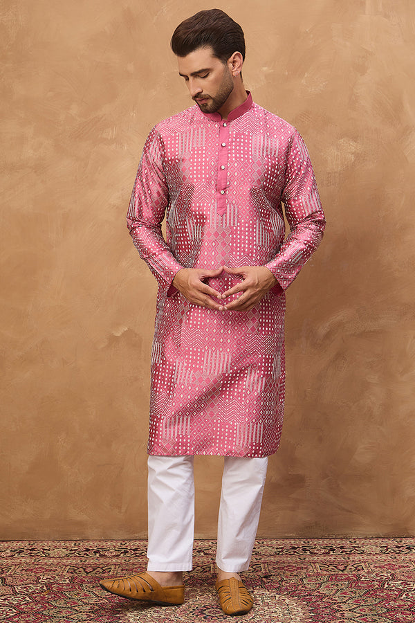 Pink Silk Blend Geometric Printed Straight Kurta With Pant Set MKSET1526