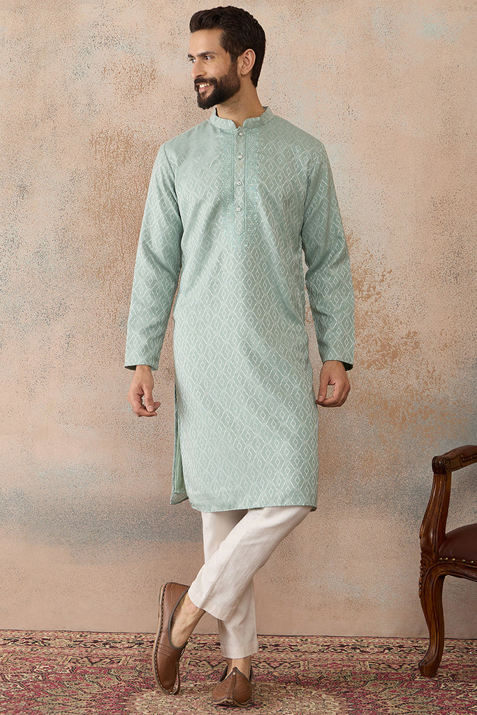 Green Linen Blend Geometric Woven Design Kurta MKU2365