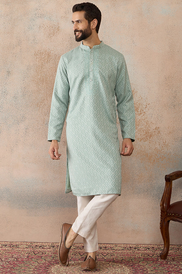Green Linen Blend Geometric Woven Design Kurta MKU2365