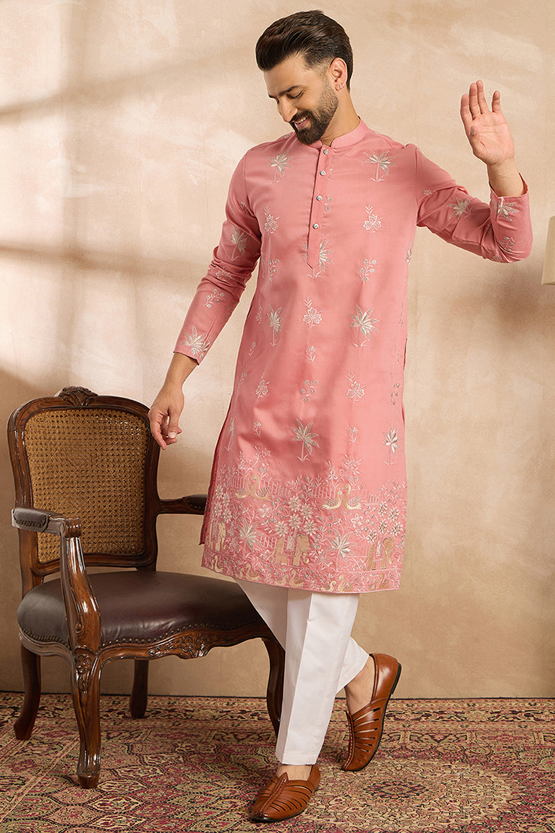 Pink Cotton Solid Embroidered Straight Kurta MKU1677