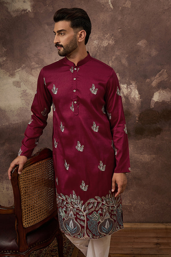 Maroon Silk Blend Solid Embroidered Straight Kurta with Trouser MKSET1346