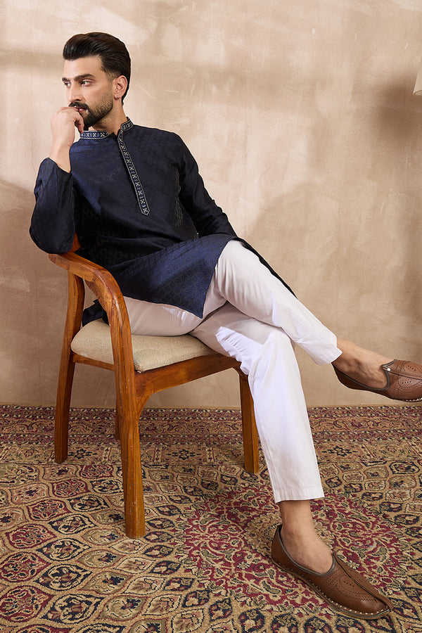 Navy Blue Silk Blend Solid Woven Design Straight Kurta With Trouser MKSET1853