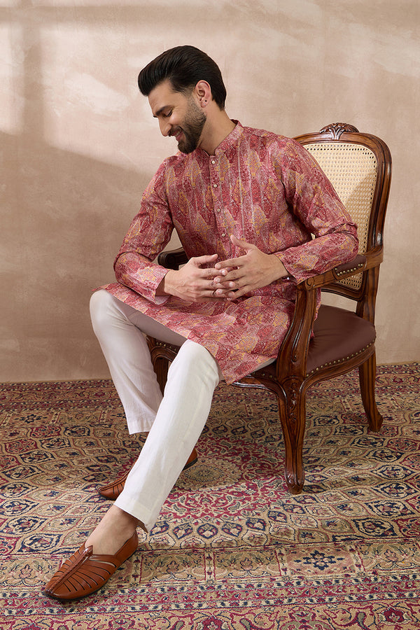 Pink Silk Blend Printed Mandarin Collar Straight Kurta MKU2054