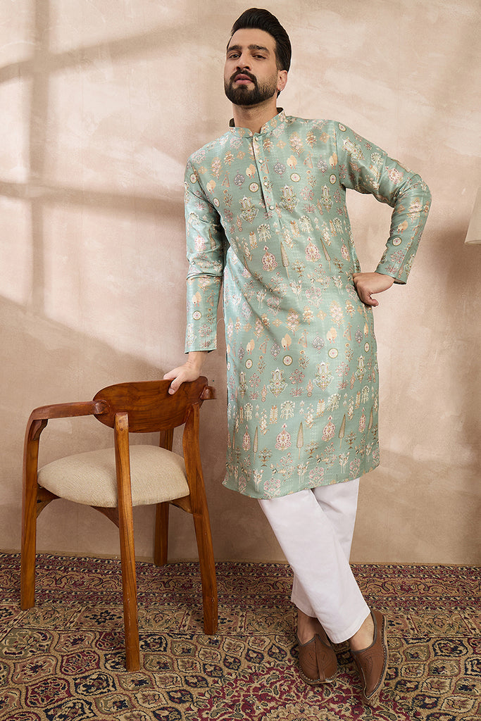 Green Silk Blend Floral Printed Straight Kurta With Trouser MKSET2011