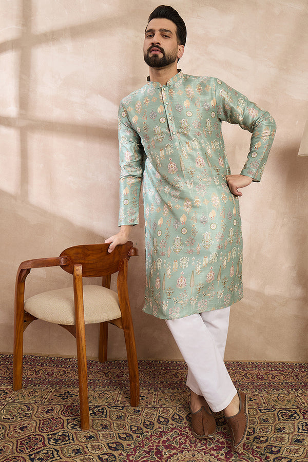 Green Silk Blend Floral Printed Straight Kurta With Trouser MKSET2011