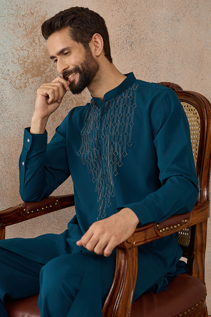 Blue Silk Blend Ethnic Motifs Printed Kurta With Trouser MKSET2389