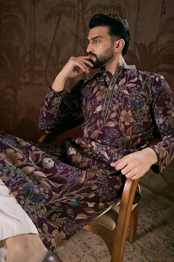 Purple Silk Blend Floral Printed Straight Kurta With Trouser MKSET1957