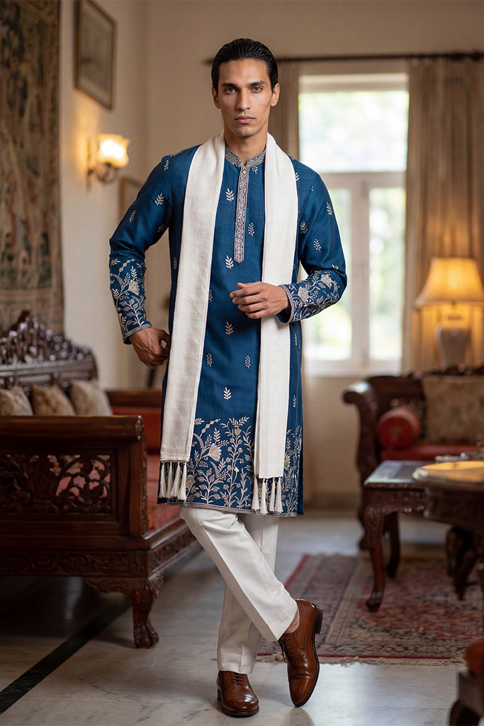 Blue Chanderi Silk Solid Embroidered Straight Kurta with Dupatta MKUD1315