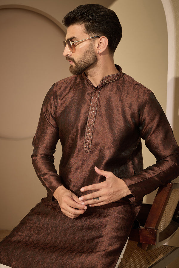Brown Jacquard Solid Embroidered Mandarin Collar Kurta MKU2752