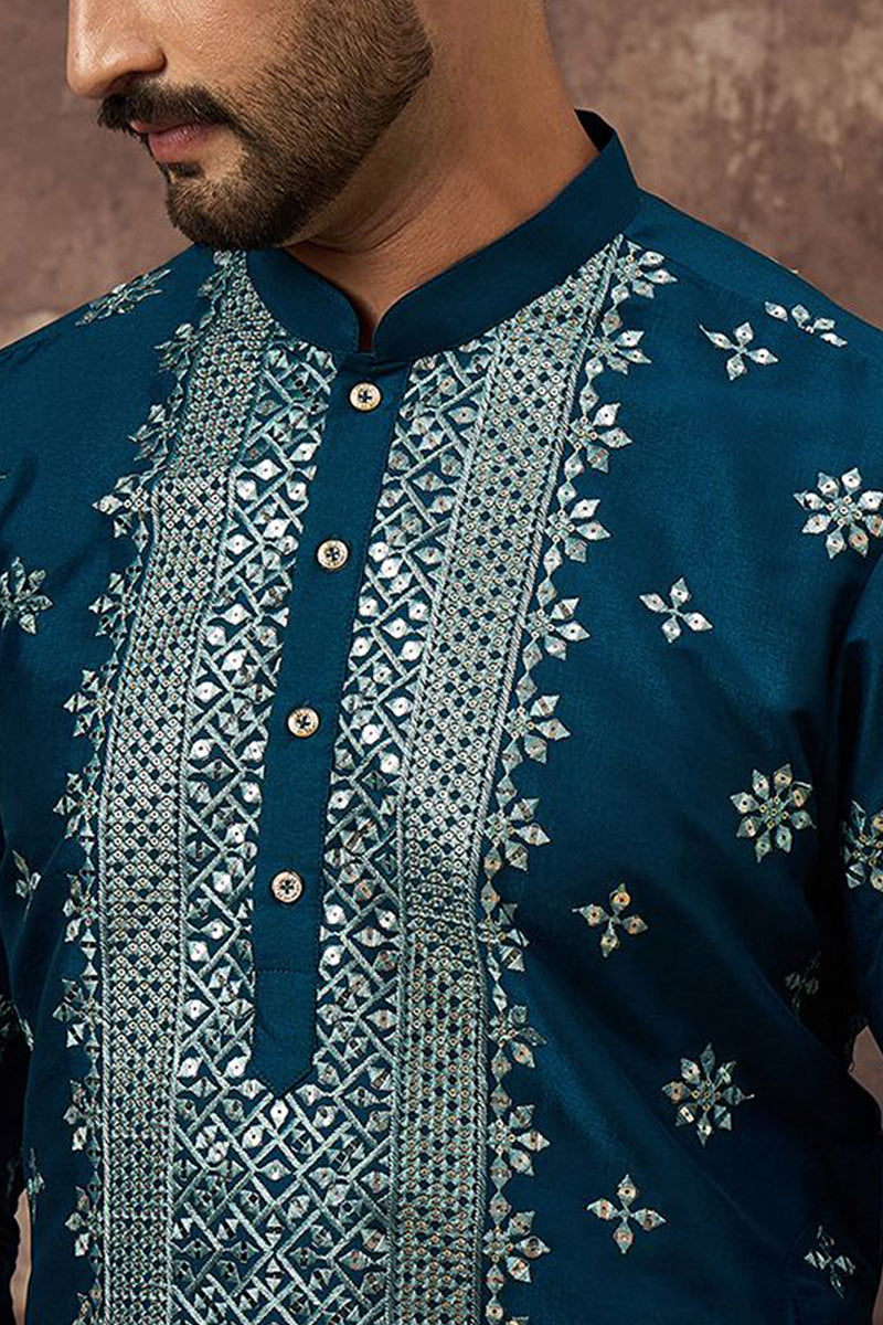 Blue Silk Blend Solid Embroidered Straight Kurta With Pant Set MKSET1371