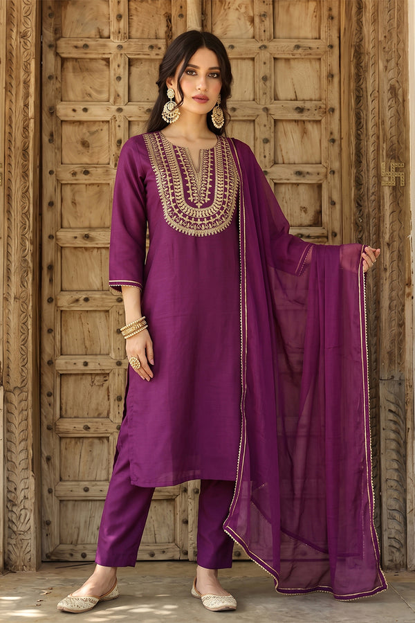 Silk Blend Purple Embroidered Straight Kurta Pant With Dupatta PKSKD1807