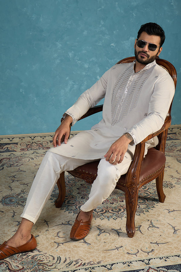 Grey Silk Blend Solid Emboidered Sequins Kurta With Trouser MKSET2280