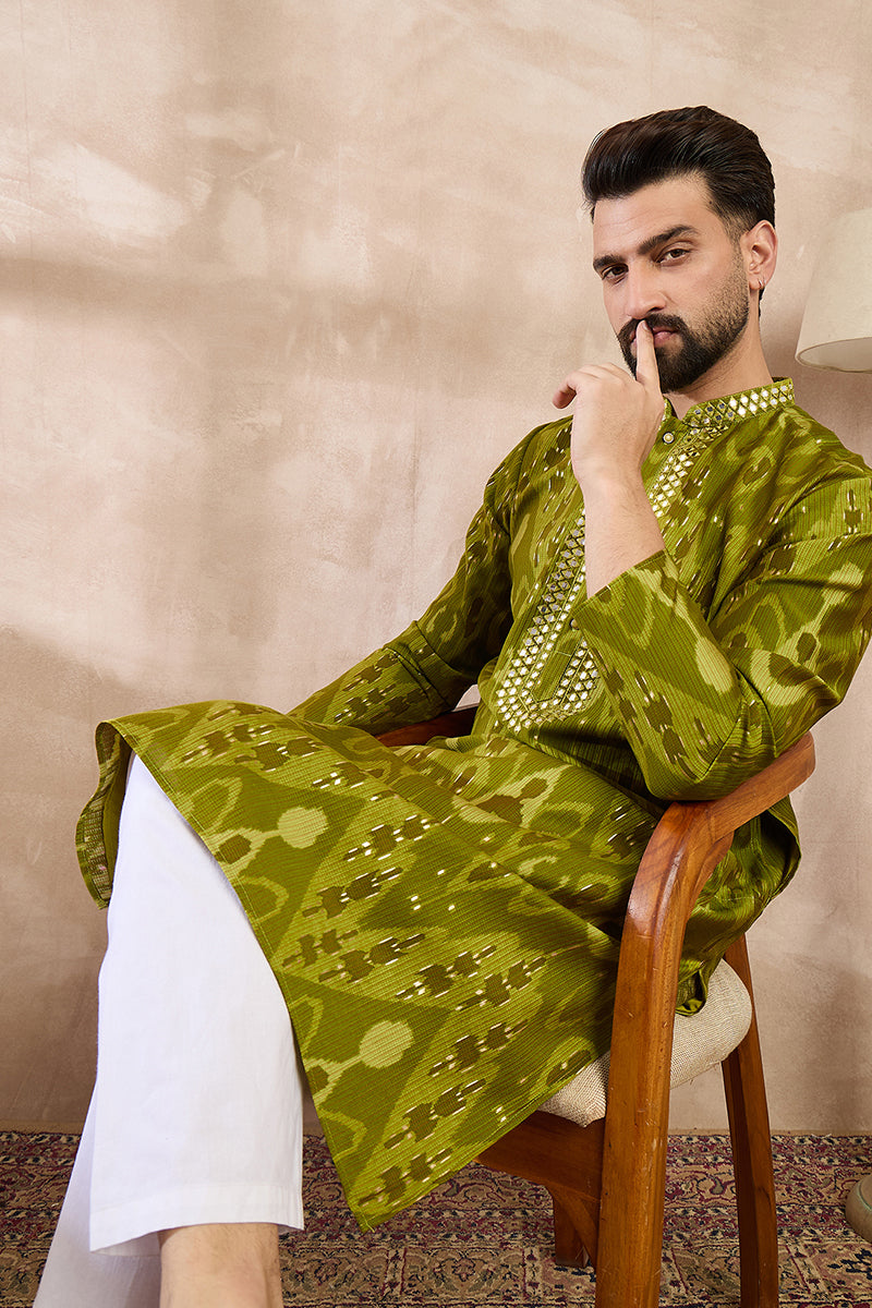 Green Viscose Rayon Chevron Printed Straight Kurta With Trouser MKSET1965
