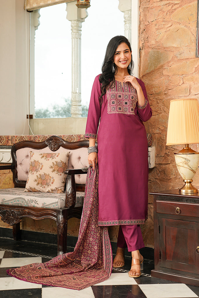 Purple Cotton Blend Ajrakh Printed Straight Kurta Trousers With Dupatta PKSKD3064