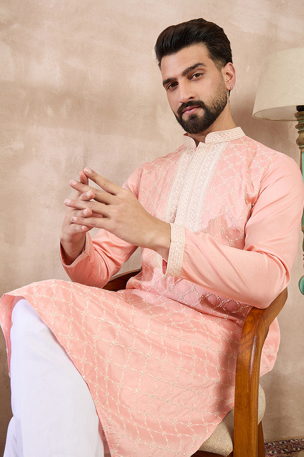 Pink Silk Blend Ethnic Motifs Embroidered Straight Kurta With Trouser MKSET1692