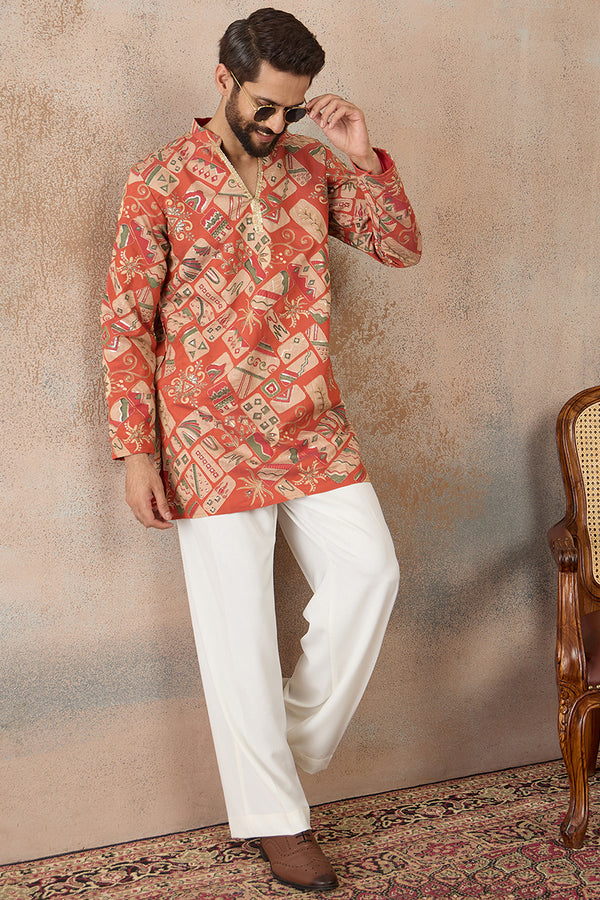 Coral Silk Blend Abstract Embroidered Kurta With Trouser MKSET2458