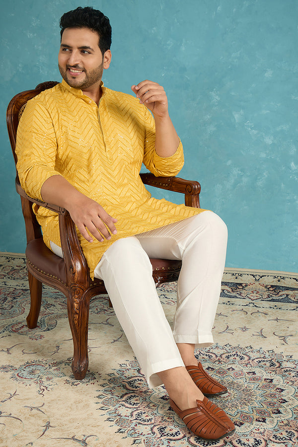Yellow Viscose Rayon Solid Thread Work Embroidered Kurta MKU1204