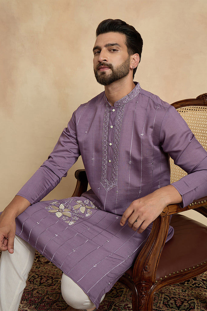 Lavender Silk Blend Solid Embroidered Kurta MKU2463