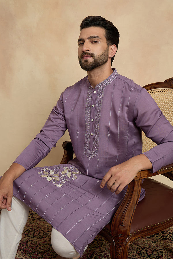 Lavender Silk Blend Solid Embroidered Kurta MKU2463
