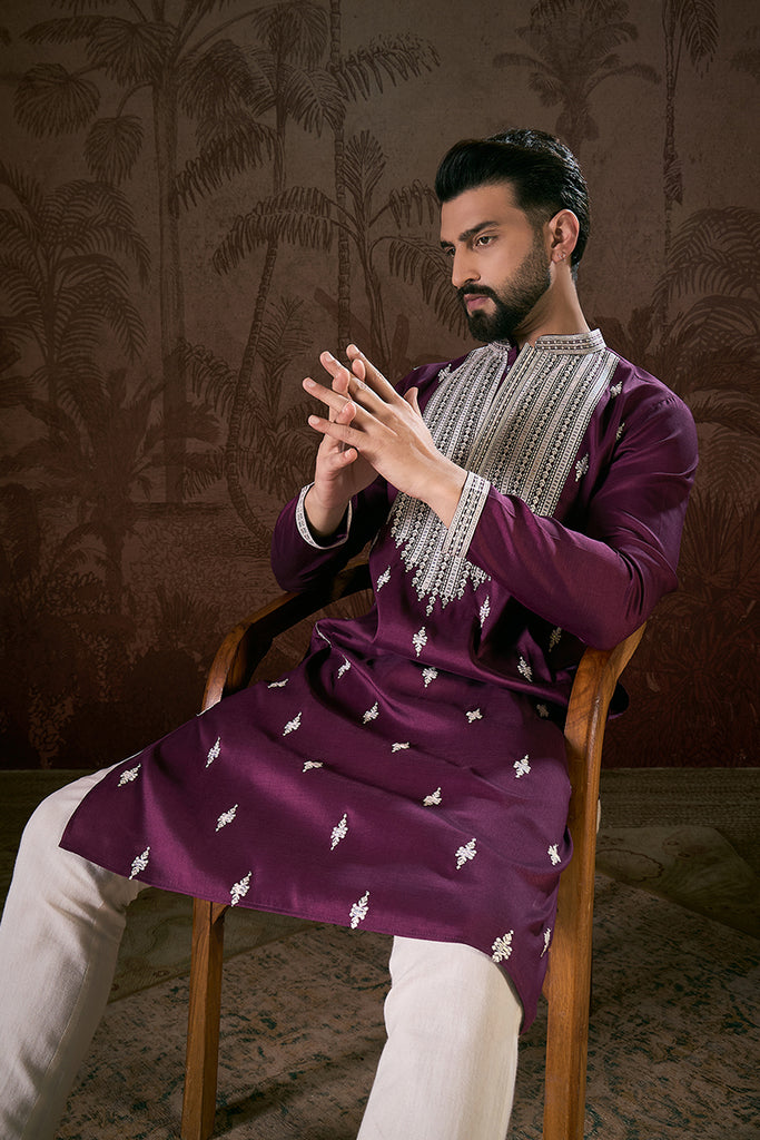 Purple Silk Blend Solid Embroidered Straight Kurta With Trouser MKSET1793
