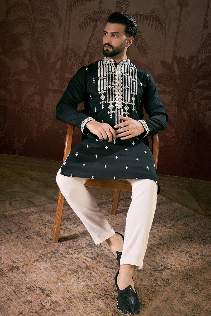 Black Silk Blend Solid Embroidered Straight Kurta With Trouser MKSET1885