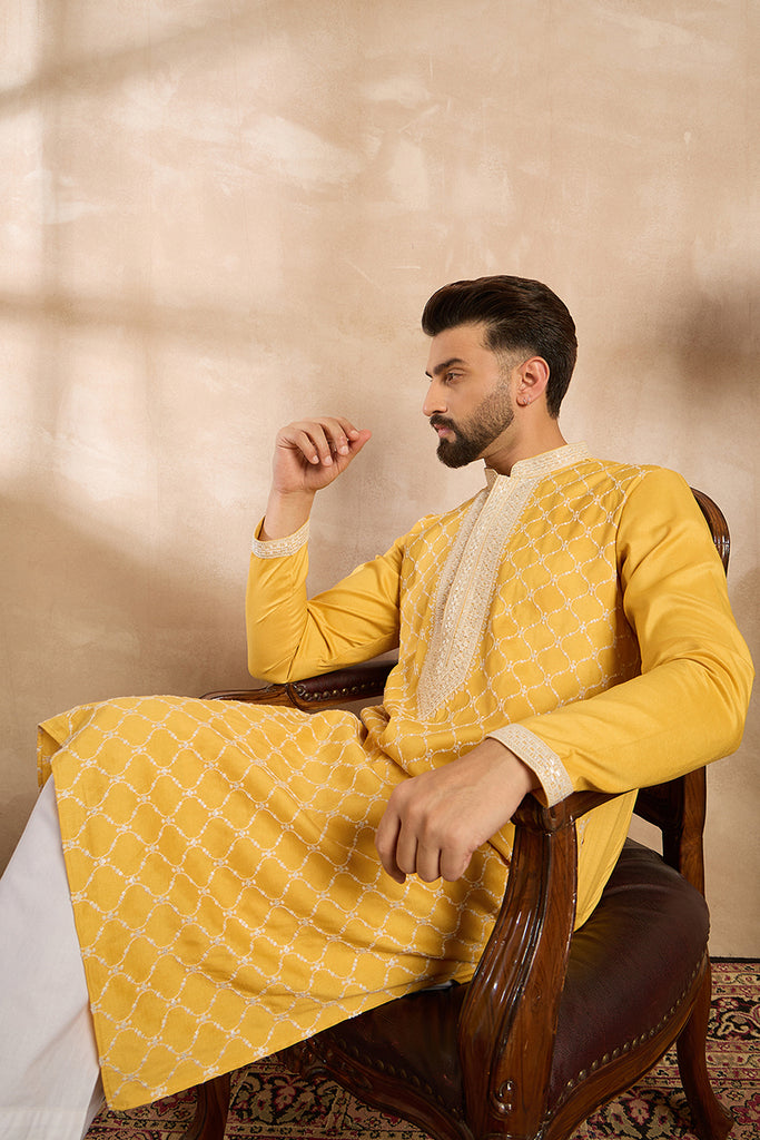 Yellow Silk Blend Solid Embroidered Straight Kurta With Trouser MKSET1691