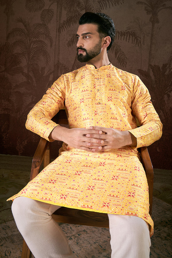 Yellow Silk Blend Ethnic Motifs Printed Straight Kurta MKU1936