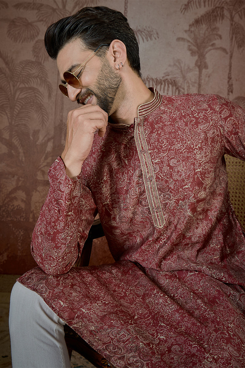 Maroon Silk Blend Floral Printed Kurta With Trouser MKSET2577