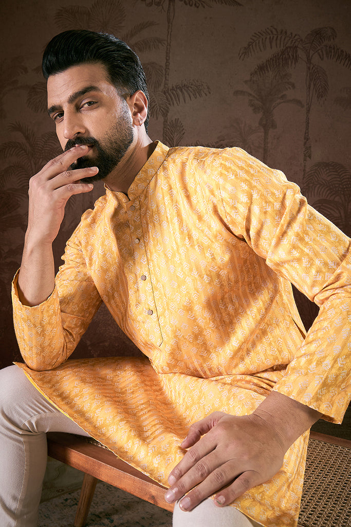 Yellow Silk Blend Ethnic Motifs Printed Straight Kurta With Trouser MKSET1949