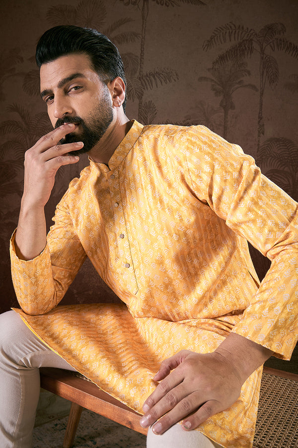 Yellow Silk Blend Ethnic Motifs Printed Straight Kurta With Trouser MKSET1949