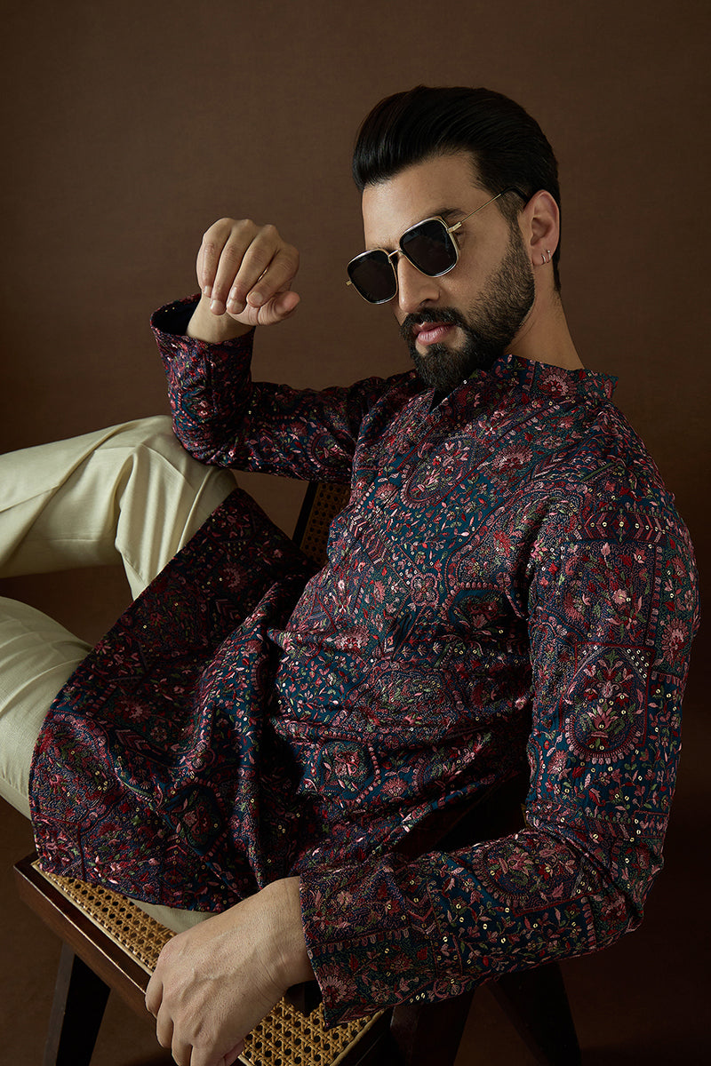 Blue Georgette Solid Embroidered Kurta With Trouser MKSET1872