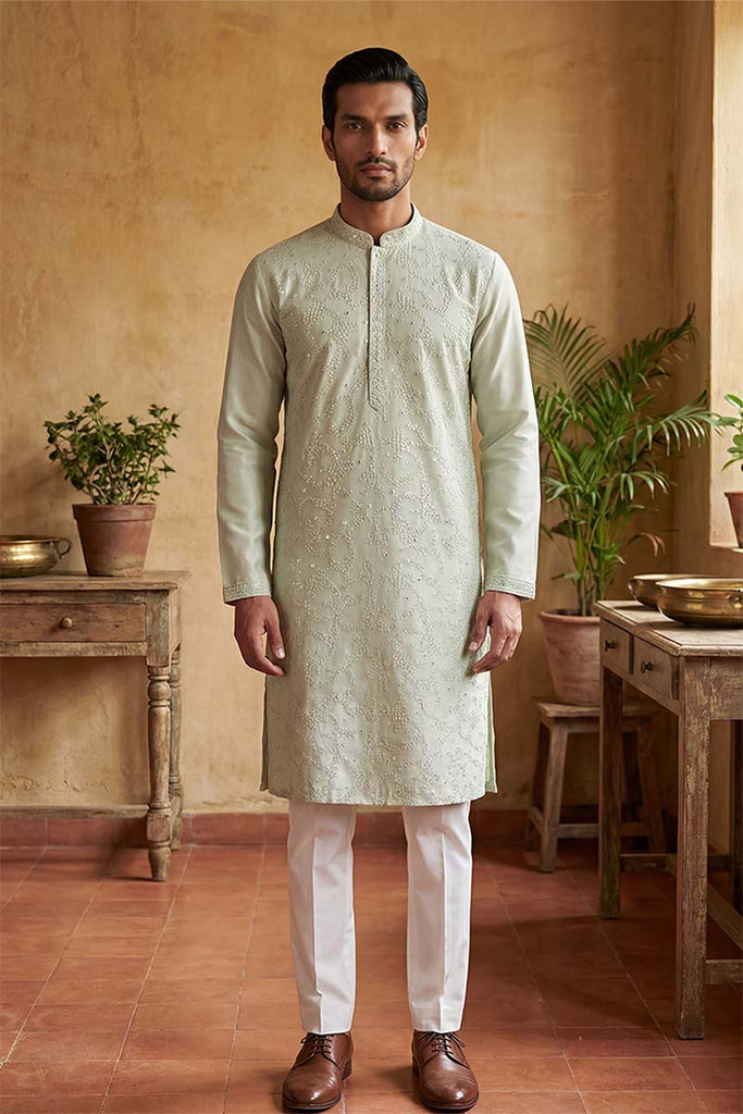 Silk Blend Green Solid Embroidered Calf Length Straight Kurta With Trousers MKSET2133