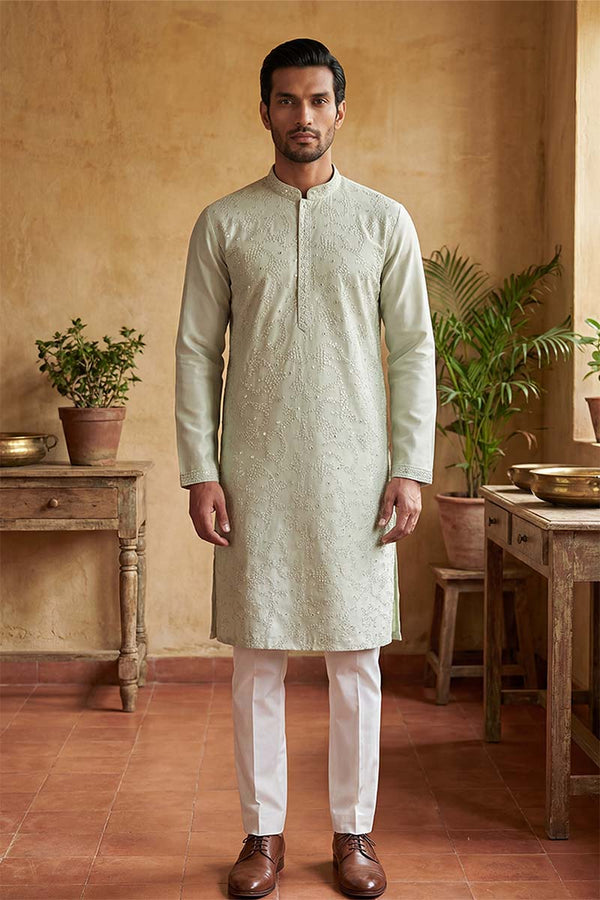 Silk Blend Green Solid Embroidered Calf Length Straight Kurta With Trousers MKSET2133