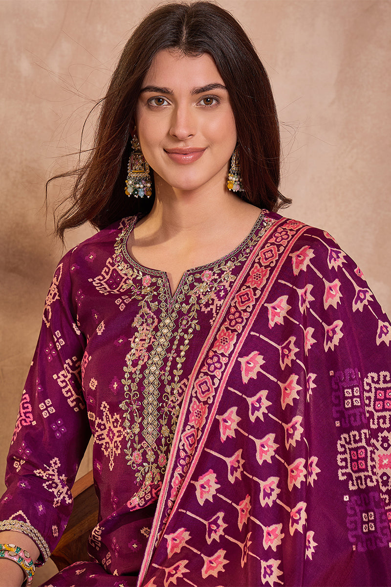 Purple Silk Blend Ethnic Motifs Printed Straight Kurta Trouser With Dupatta PKSKD3231